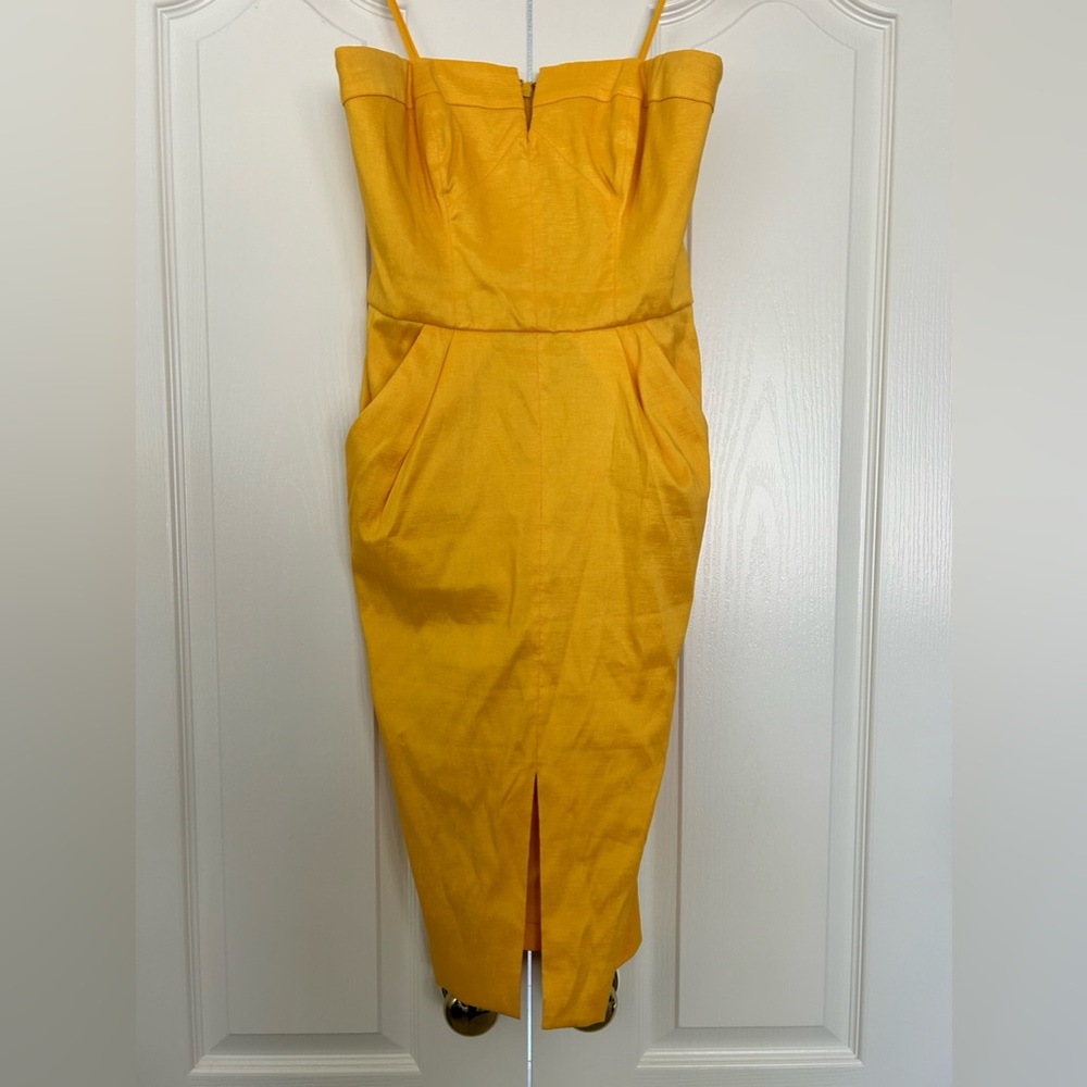 Badgley Mischka Canary Yellow Strapless Sheath Cocktail Wedding Guest Midi Dress